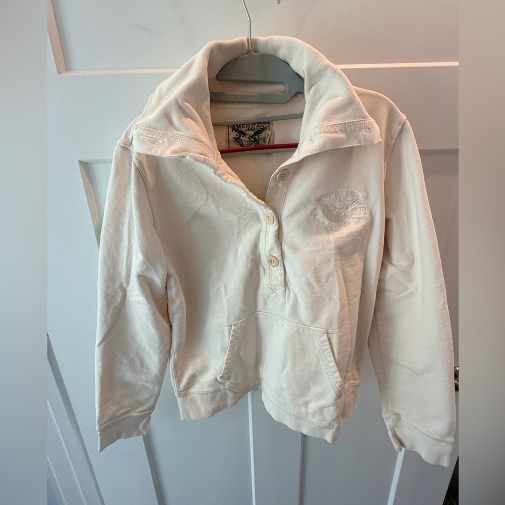 American Living Cream Cotton Quarter Button Sweatshirt Collar Kangaroo Pocket M